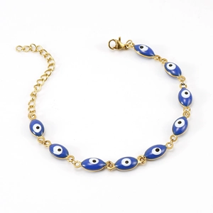 18K gold plated stainless steel bracelet featuring blue Turkish evil eye charms and clasp
