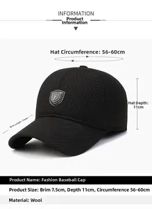 Detailed size chart for black wool winter baseball cap with ear flaps for older men