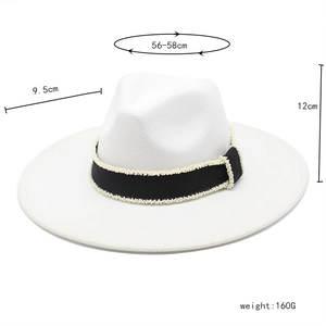 Detailed size specs for white wool fedora hat with pearl ribbon and 9.5cm wide brim