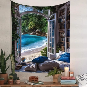 Detail view of bohemian wall tapestry with tropical palm sea view through an arched window