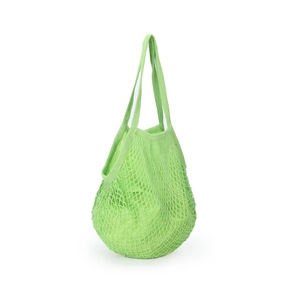 Detailed close-up of light green mesh shopping bag with reinforced handles on white background