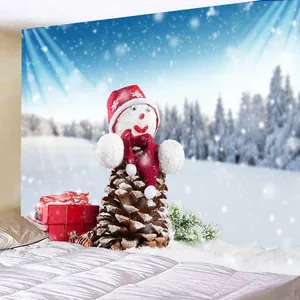 Detail of a Christmas snowman tapestry hanging in a bedroom with pinecone and forest