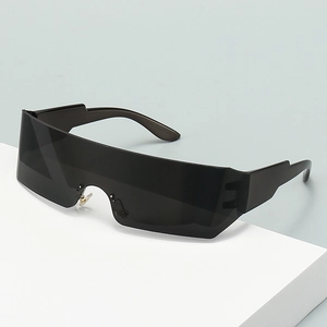 Modern black futuristic wrap around oversized UV400 sports sunglasses for men and women