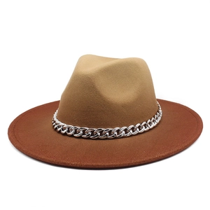 Khaki and brown gradient wool fedora hat with silver metal chain for men and women