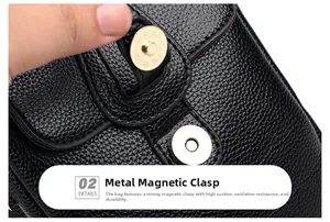 Close-up of premium black lychee leather crossbody bag with golden magnetic clasp