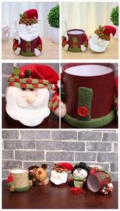 Macro view of festive knitted Santa and reindeer lids for Christmas candy storage jars