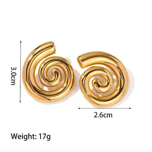 18K gold plated stainless steel spiral drop earrings with textured twisted design