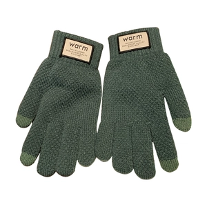 Thick warm knitted touchscreen gloves for winter in dark green with light green tips