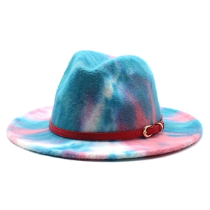 Rainbow tie-dye wool fedora hat with red leather band and gold metal buckle detail