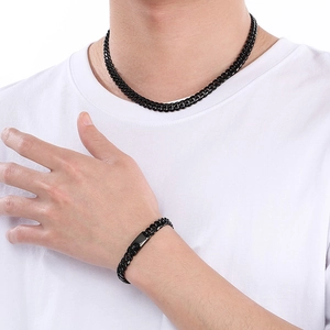 Minimalist 8mm stainless steel black Cuban link chain necklace and bracelet jewelry set for men