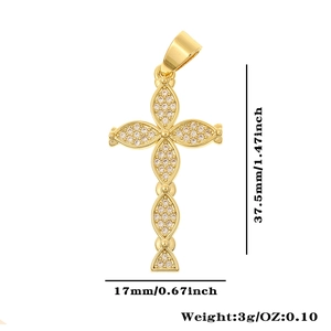 Detail view of gold cross pendant with dimensions 37.5x17mm and zircon stones
