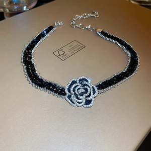 Gothic black camellia flower choker necklace with multi-row beads and crystal accents