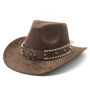 Western Cowboyhut aus dunkelbraunem Wildlederimitat mit Nietband und Sternen-Emblem