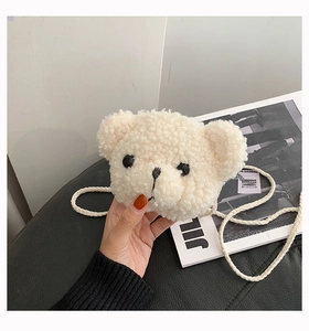 Creamy white plush bear head crossbody bag with soft lamb wool and woven rope strap