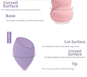 Detail view of pink and purple beauty blender shapes with functional makeup application zones