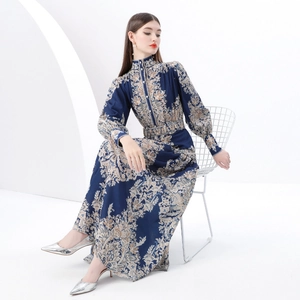 Elegant navy paisley print maxi dress with stand collar and lantern sleeves for women
