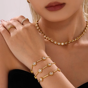 Luxury 18K gold plated stainless steel bracelet and jewelry set with white zircon stones