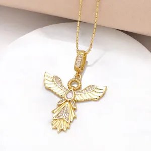 Golden angel pendant necklace with sparkling cubic zirconia and teardrop stone