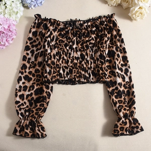 Women's leopard print off-shoulder long sleeve crop top with elastic ruched texture