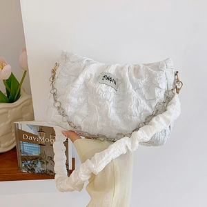 Chic white pleated shoulder bag with gold chain and matching ruched handle strap