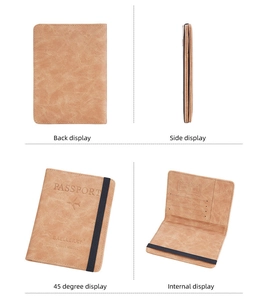 Detail view of brown RFID passport holder with SIM card slots and elastic strap