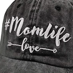 Detail of #Momlife and love 3D embroidery on charcoal washed denim baseball cap