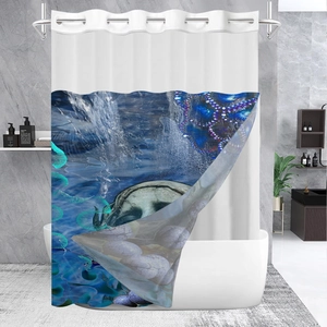 Detailed view of waffled shower curtain featuring deep blue ocean fluid art prints