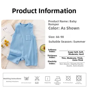 Detailed chart of light blue baby romper with size guide and fabric softness index