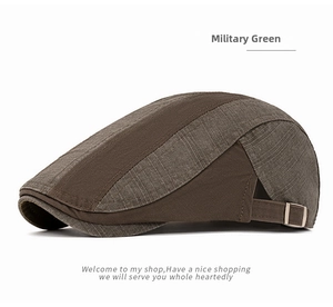 Detail of military green patchwork beret featuring textured fabric and adjustable metal buckle
