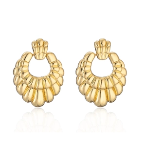 Minimalist 18K gold plated fan shaped geometric earrings with shell texture on white background