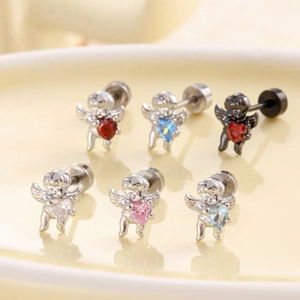 Cupid angel heart zircon earrings in various colors made of titanium steel
