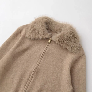 Women's khaki knit jacket with plush faux fur collar and premium gold metal zipper