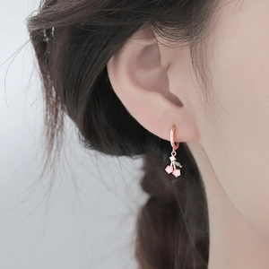 Elegant s925 silver pink cherry hoop earrings with rose gold finish worn by model