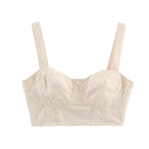 Women Lace Patchwork Camisole Top Wide Straps Sexy Vintage Cup Style Cropped Back Smocking Tank Top