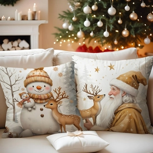 Linen Christmas pillow covers with snowman and reindeer illustrations in a cozy room