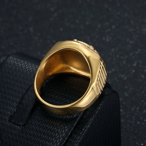 Gold plated stainless steel eagle ring for men with crystal accents and striped band