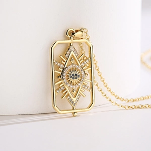 18K gold plated hollow evil eye geometric pendant necklace with blue zircons