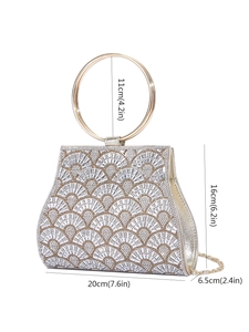 Sparkling rhinestone evening clutch bag with golden ring handle and size measurements
