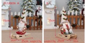 Detailed size chart for Christmas gnome plush dolls showing dimensions 35x25x10cm and weight