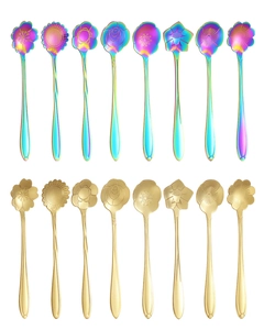 Detailed set of rainbow and gold flower-shaped stainless steel spoons on white background