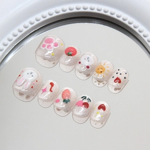 Cute bunny and fruit pattern handmade cat-eye press-on nails set with 10 pieces