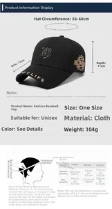 Detailed size chart for the embroidered baseball cap with head measurement guide and dimensions
