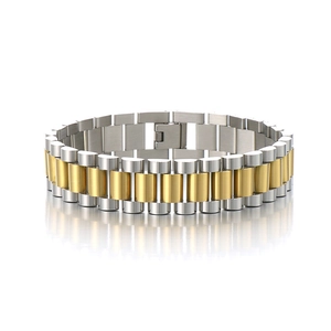 Two-tone silver and gold stainless steel president bracelet watch strap on white background