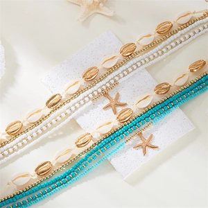 Bohemian multilayer shell and starfish beaded necklace set for beach vacation style