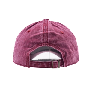Detail of washed burgundy baseball cap featuring vintage metal buckle and adjustable strap
