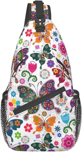 Détail du sac de poitrine bandoulière avec motifs colorés de papillons et fleurs sur blanc