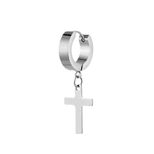 Polished silver stainless steel cross drop huggie hoop earring for men and women