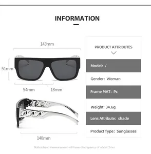 Size chart and specifications for oversized punk sunglasses with frame dimensions in mm