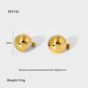 Detail of 18mm 16K gold plated stainless steel dome stud earrings with size specifications