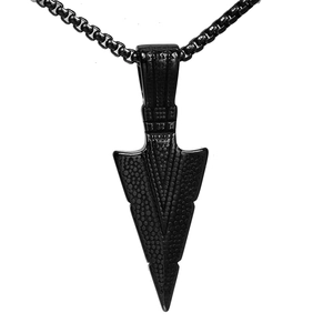 Men's black stainless steel arrow pendant necklace with textured finish on square link chain